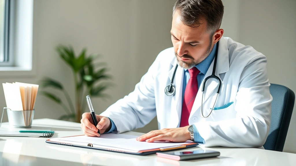 Professional male doctor in white coat writing medical documentation at desk with stethoscope and clipboard visible, natural