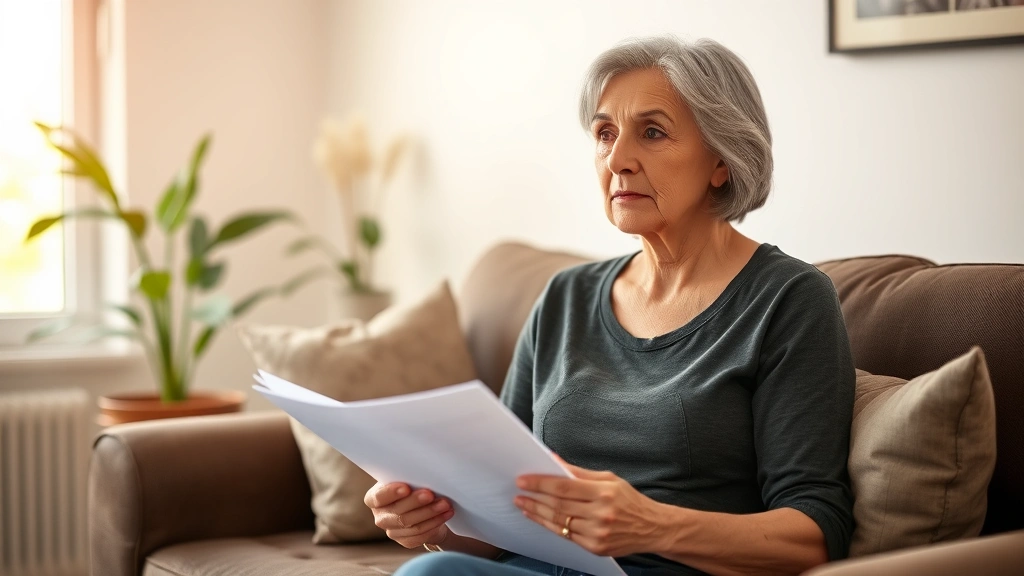 Woman in comfortable home setting holding medical documents, looking thoughtful, warm natural light from window, peaceful env