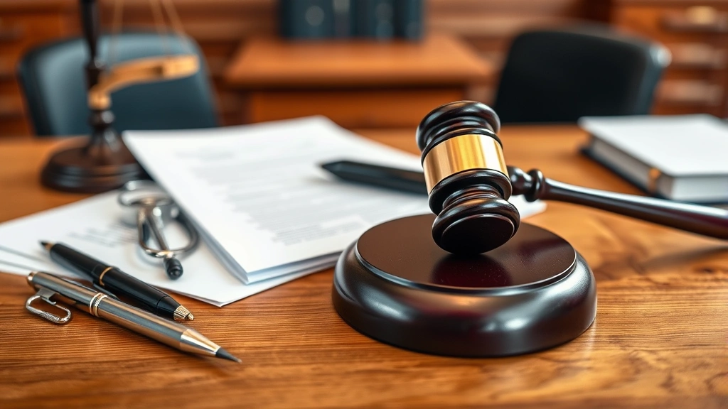 Gavel and medical documents arranged on wooden judge desk, professional courthouse setting, soft focus background