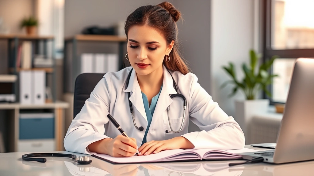 Professional female doctor in white coat sitting at desk writing medical documents with stethoscope nearby, warm office light