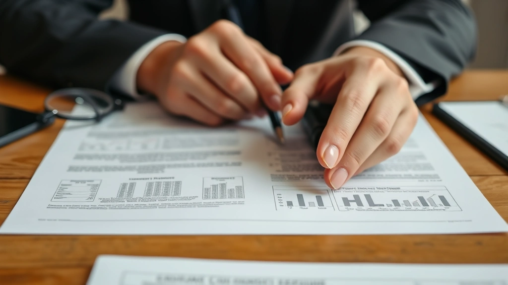 Close up of hands reviewing legal documents and medical records on wooden desk with glasses and pen