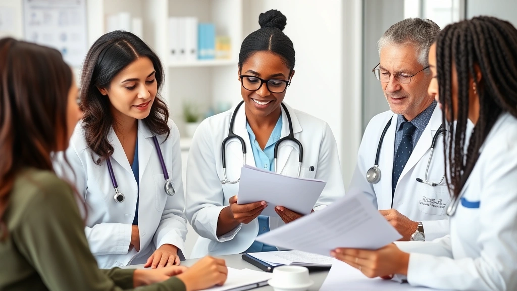 Diverse group of healthcare professionals in medical office setting including doctor, nurse practitioner, and mental health c