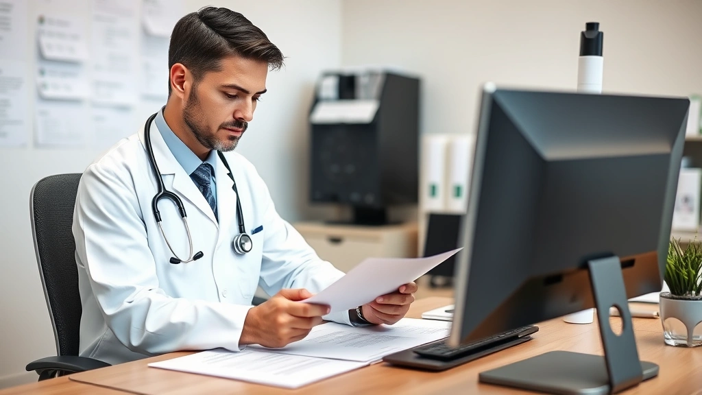 Healthcare provider in white coat reviewing medical documents at desk with stethoscope and computer, professional medical off