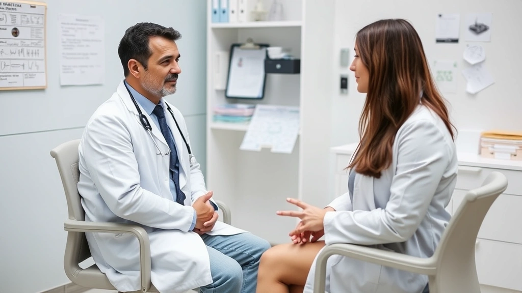 Person sitting in doctor's office during consultation, discussing medical condition with licensed physician, clinical setting