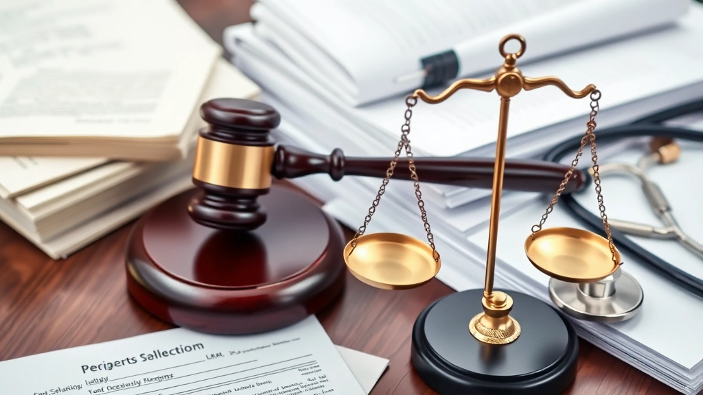 Legal documents and medical files organized on desk with gavel and scales of justice, representing court proceedings and medi