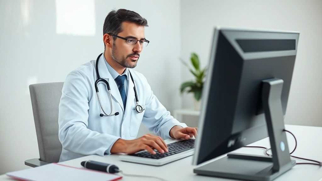 Medical professional in white coat working at computer desk with stethoscope, typing on keyboard, natural office lighting, fo