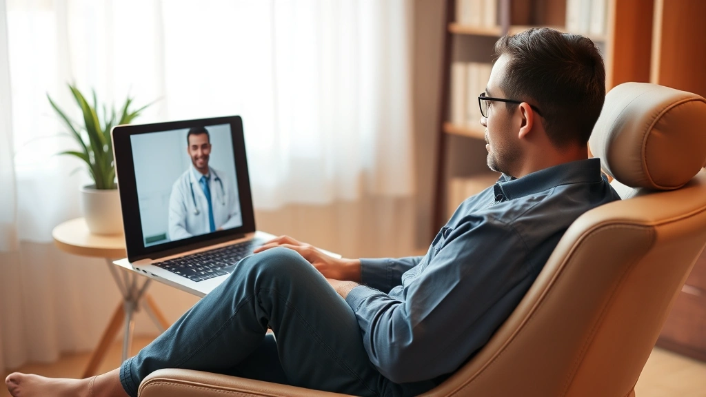 Patient sitting in comfortable medical office chair during telehealth video consultation on laptop screen, relaxed posture, w