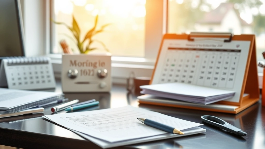 Physician writing notes at desk with medical documents and calendar visible, professional healthcare setting, morning light t