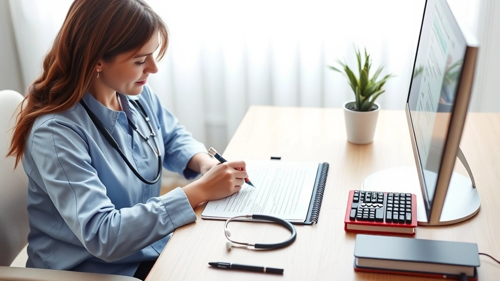 Healthcare professional writing medical documentation at desk with computer and stethoscope
