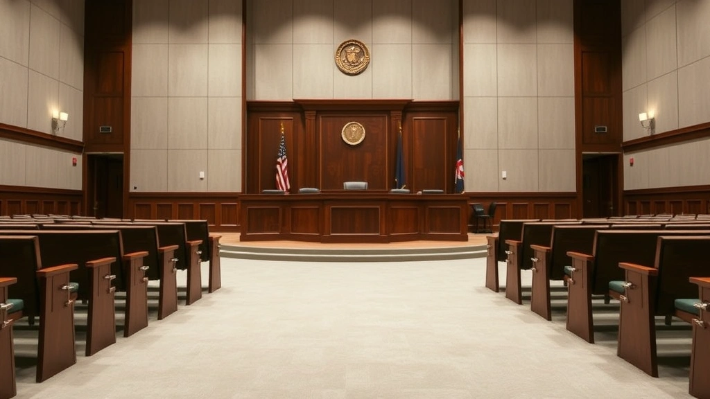 Courtroom interior with judge bench and empty seats showing formal legal setting