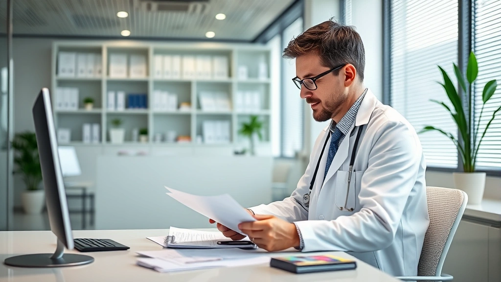 Doctor in white coat reviewing patient medical records at desk in modern clinic office, professional healthcare setting