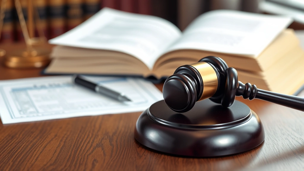 Judge's gavel on wooden desk with law books and official court documents in background, legal proceedings environment