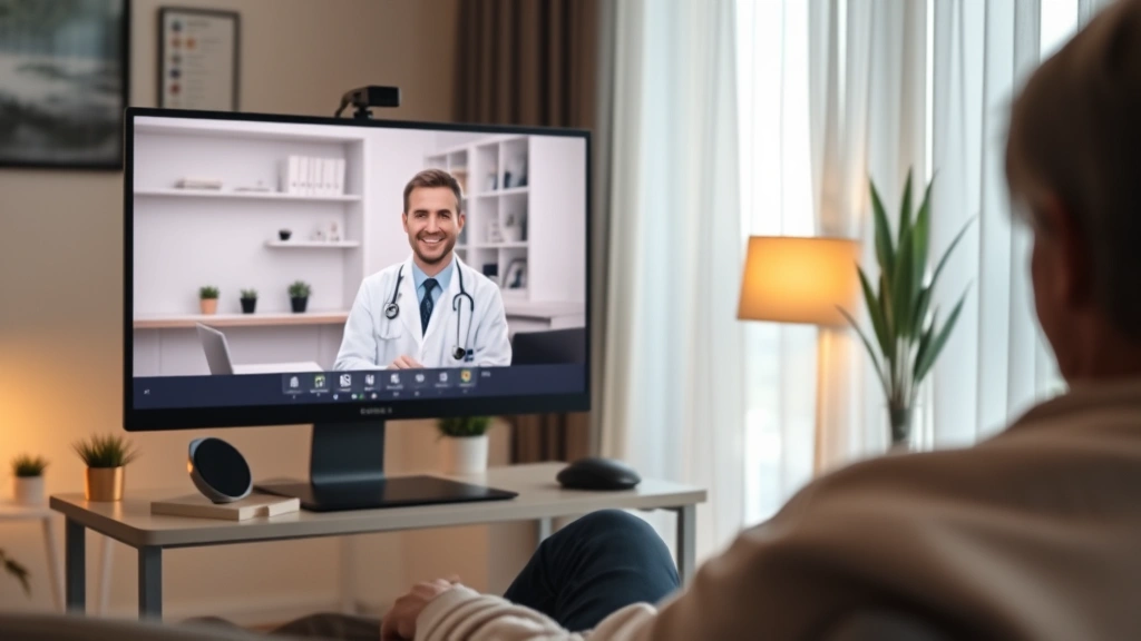 Patient sitting at home on video call with doctor on computer screen, warm lighting, professional medical consultation settin