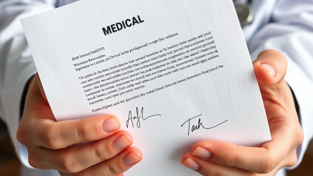 Close-up of hands holding official medical letter with doctor signature, professional letterhead visible, healthcare document