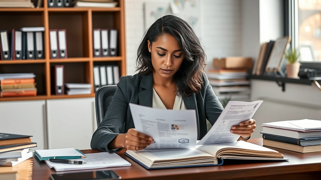 Diverse woman at desk reviewing court documents with medical papers, organized workspace, focused expression, natural lightin