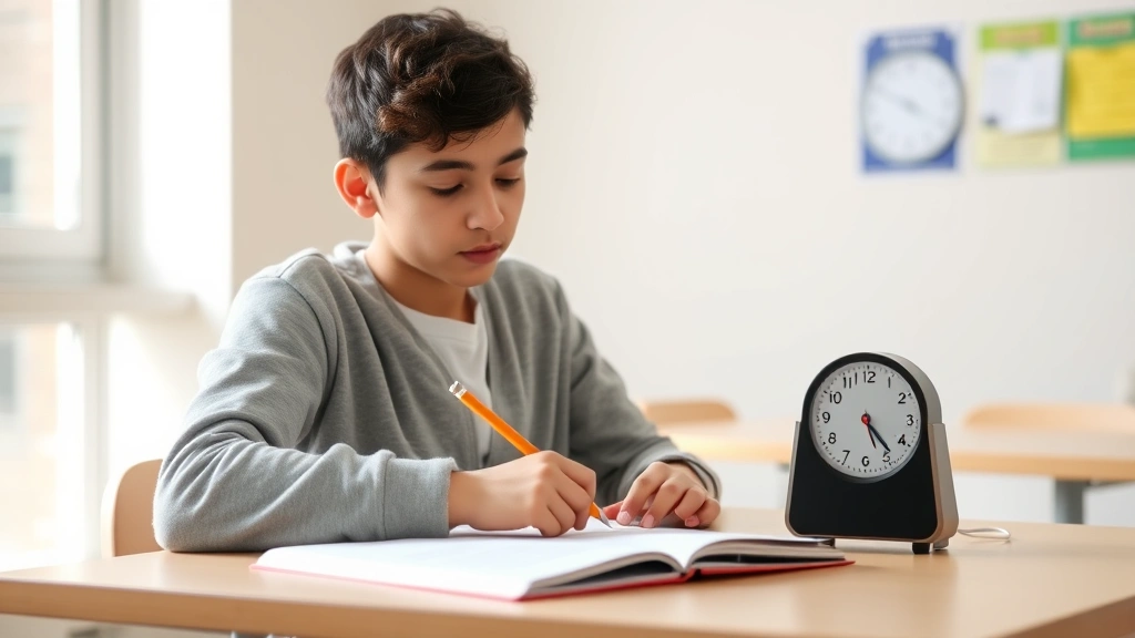 Student taking exam at desk with clock visible, appearing calm and focused with extended time, natural lighting from window,