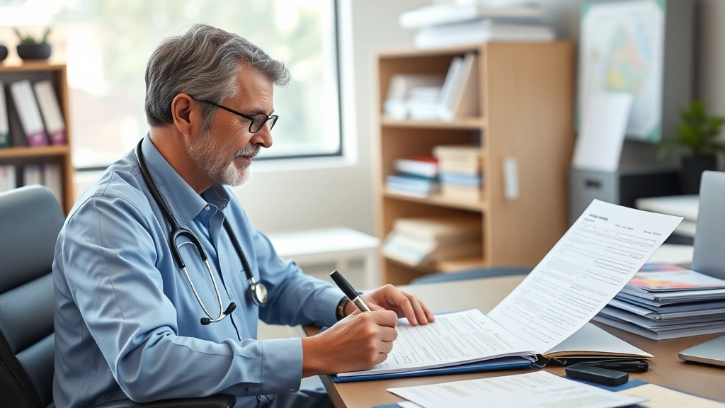 Healthcare provider at desk reviewing medical chart and writing documentation, stethoscope visible, professional office setti