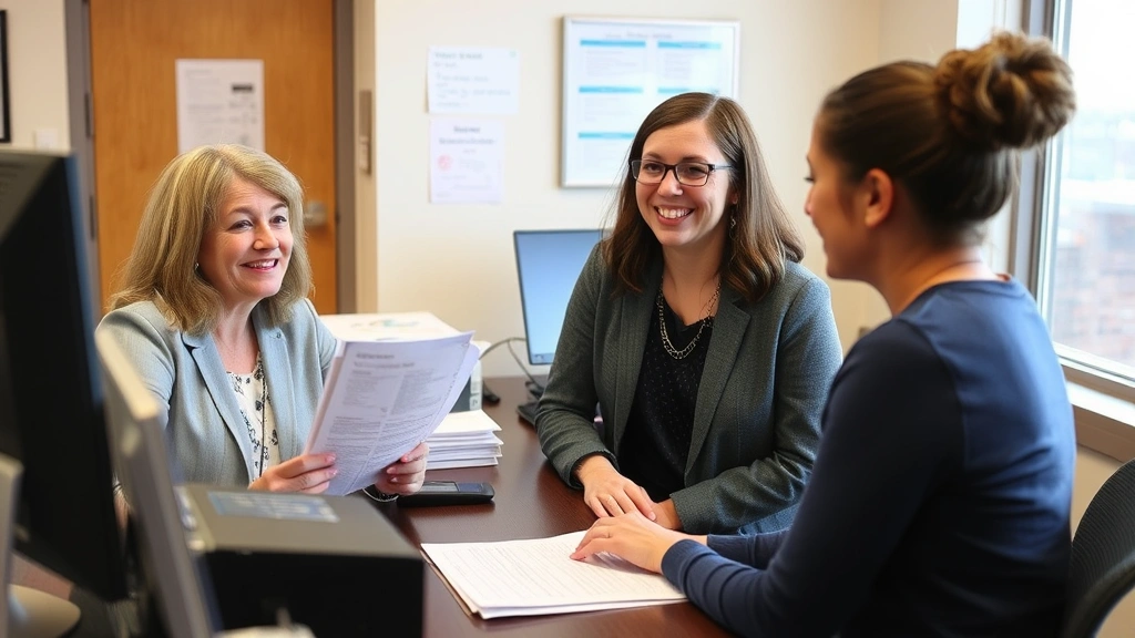 Disability services office coordinator meeting with student, reviewing accommodation letter at desk, professional environment