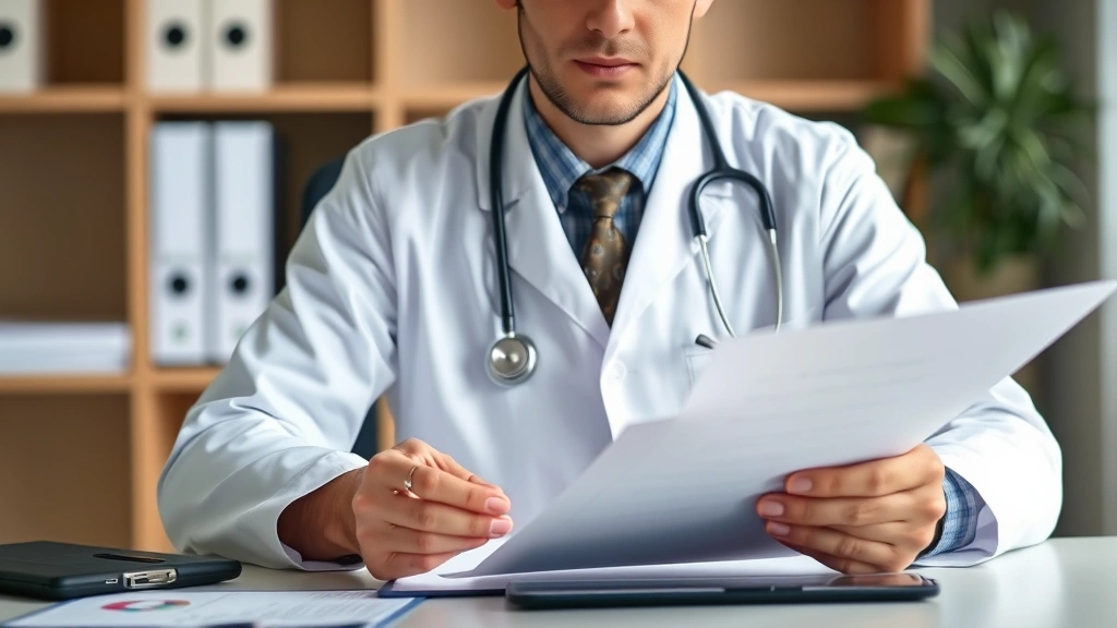 Doctor in white coat sitting at desk with stethoscope reviewing medical documents and patient file