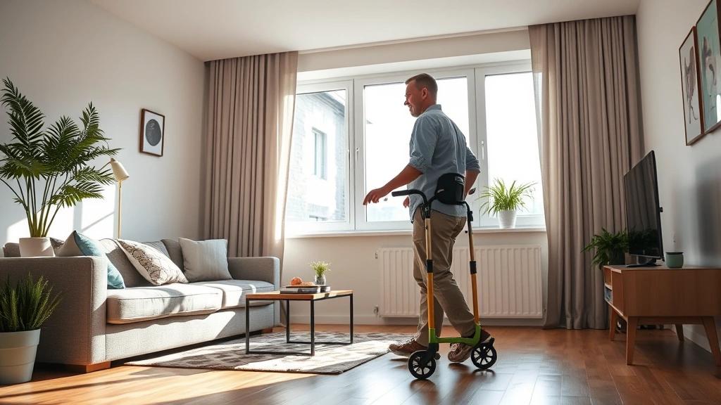 Person with mobility aid standing in modern apartment living room near window with natural light