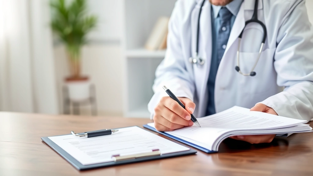 Licensed healthcare provider reviewing patient medical records at desk with stethoscope and clipboard