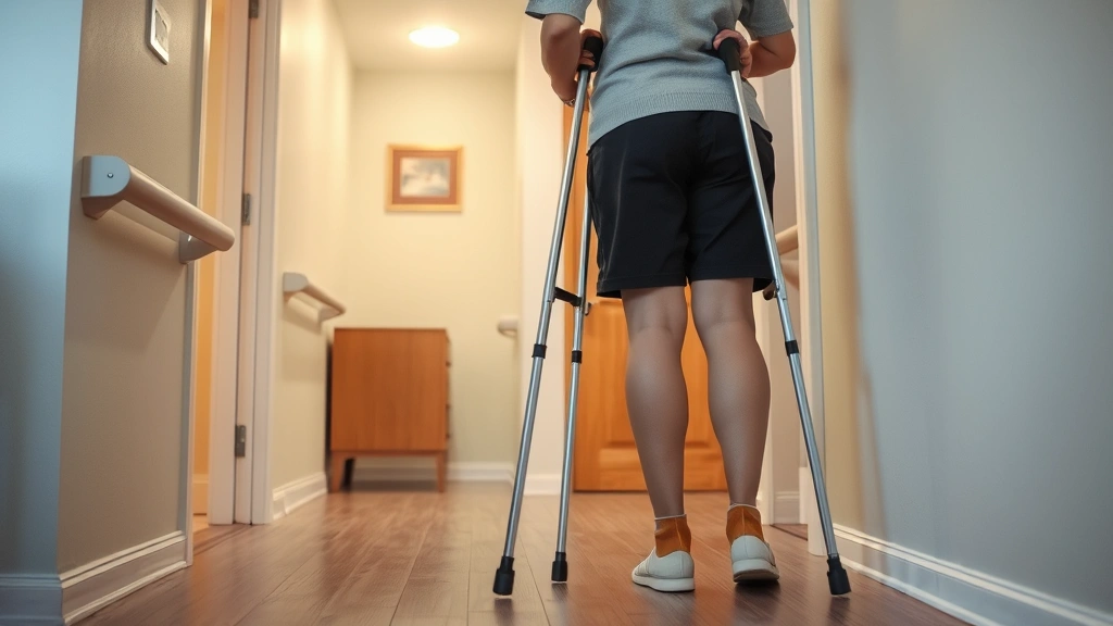 Person with crutches standing in accessible apartment with grab bars and wide doorways