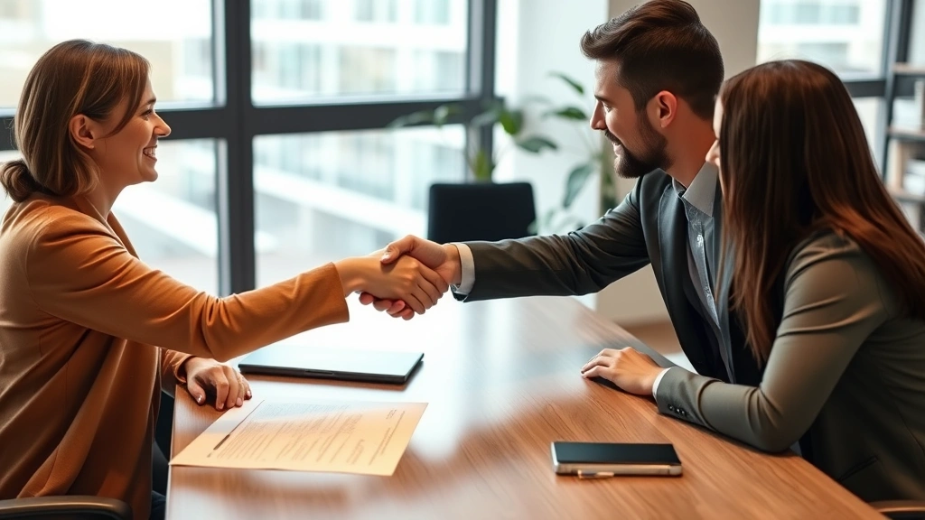 Landlord and tenant shaking hands in modern rental office with documents on desk