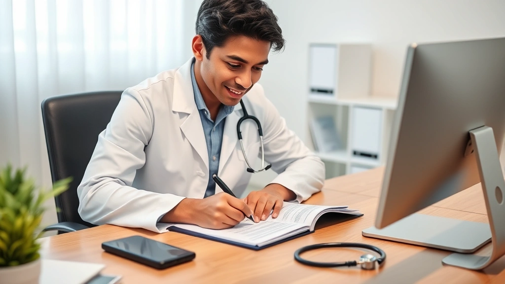 Healthcare provider in white coat writing medical documentation at professional desk with computer and stethoscope