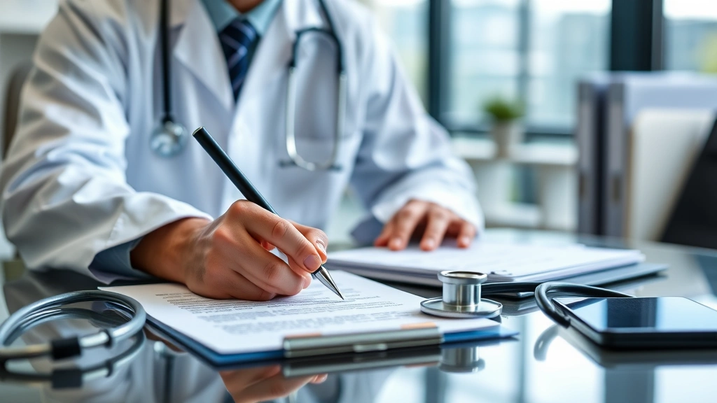 Doctor writing medical accommodation letter at desk with stethoscope and patient file, professional healthcare office setting