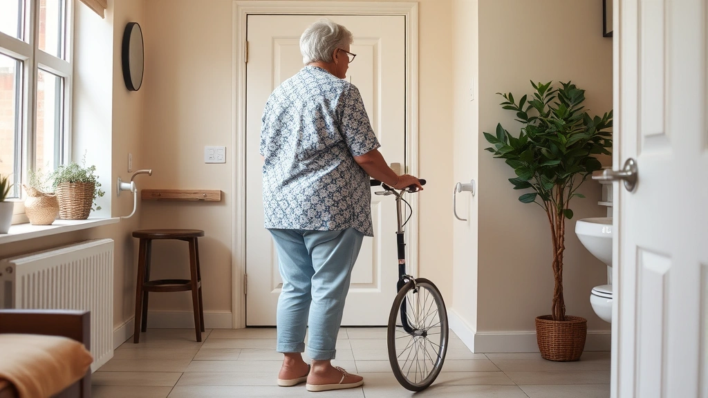Person with mobility aid standing confidently in accessible ground floor apartment with grab bars and spacious bathroom, warm