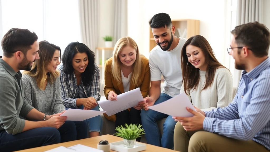Diverse group of people reviewing housing documents together in bright apartment living room, discussing accommodation needs