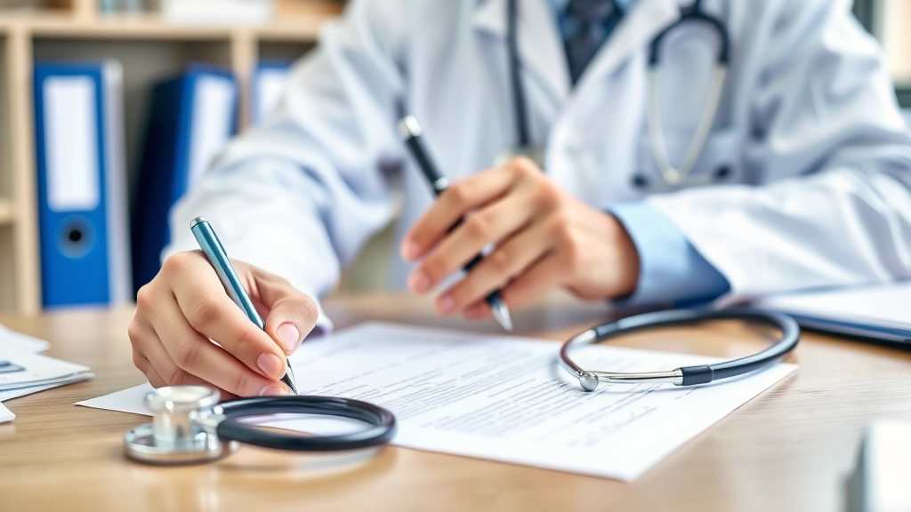 Doctor writing medical letter at desk with stethoscope and patient file visible, professional healthcare office setting