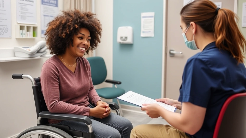 Diverse person meeting with healthcare provider in accessible medical office, discussing accommodation needs and documentatio