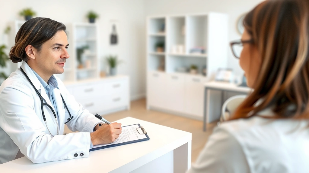 Medical professional in white coat writing on clipboard at desk with patient across from them in bright healthcare office