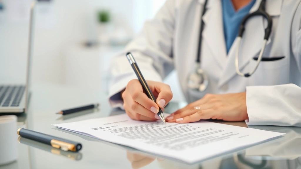 Healthcare provider writing medical accommodation letter at desk with patient file and official letterhead visible