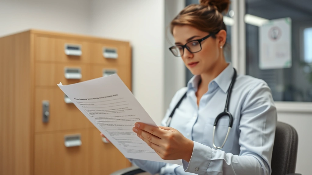 Person reviewing confidential medical document in private office setting with secure filing cabinet in background