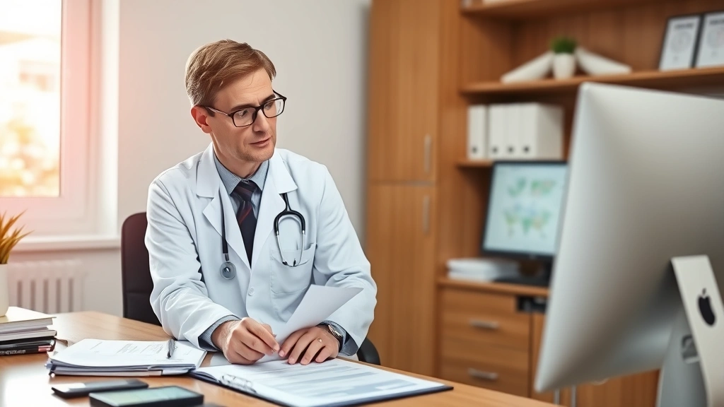 Healthcare professional in white coat reviewing medical documentation at desk with patient file and computer