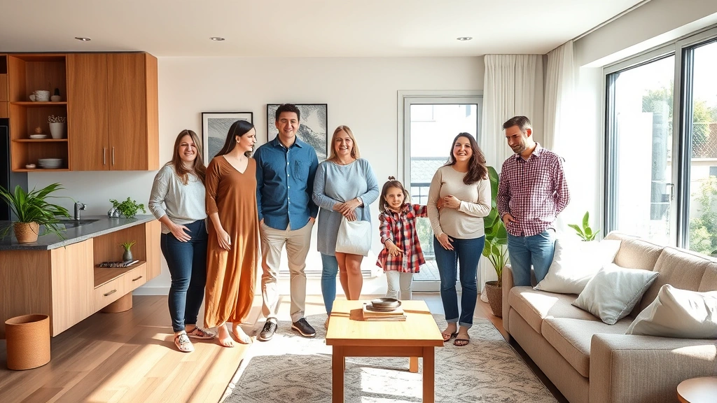 Diverse family standing in apartment living room with accessible features and natural sunlight