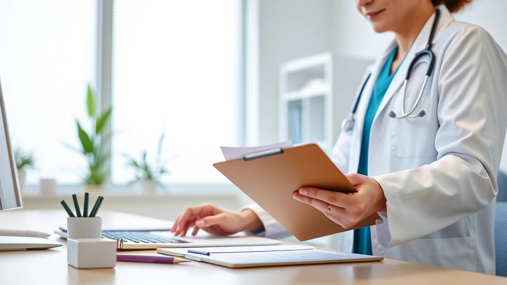 Healthcare provider in white coat holding clipboard reviewing patient medical documents at desk in bright clinic office