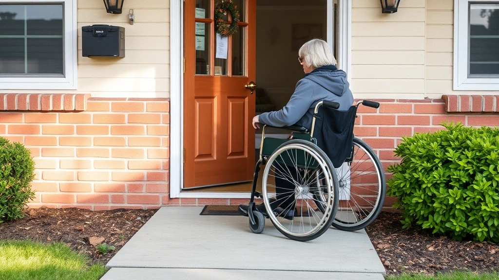 Person in wheelchair accessing ground floor apartment with accessible ramp and wide doorway entrance