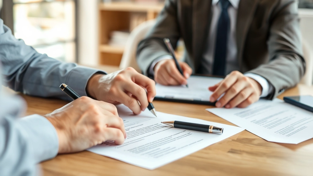 Tenant and landlord reviewing accommodation letter at table with professional documents and pen
