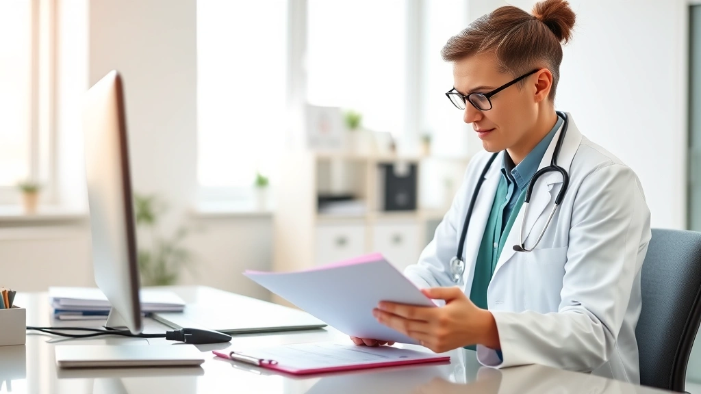 Professional healthcare provider in white coat reviewing medical documentation at desk with stethoscope and clipboard in brig