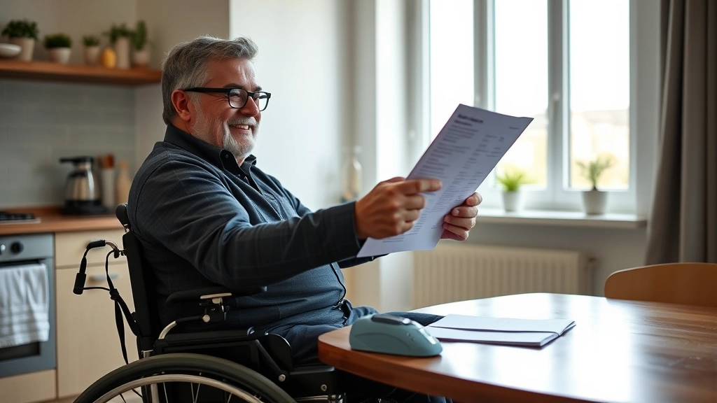 Person with mobility device reviewing housing apartment documents at kitchen table with natural window light and positive exp