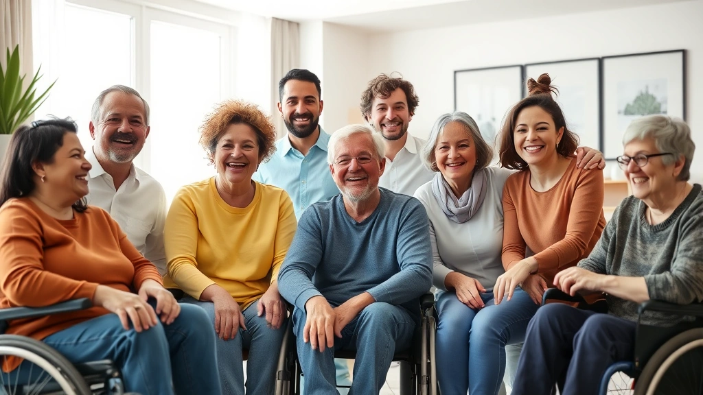 Diverse group of people with various disabilities smiling together in accessible modern apartment living room with natural li