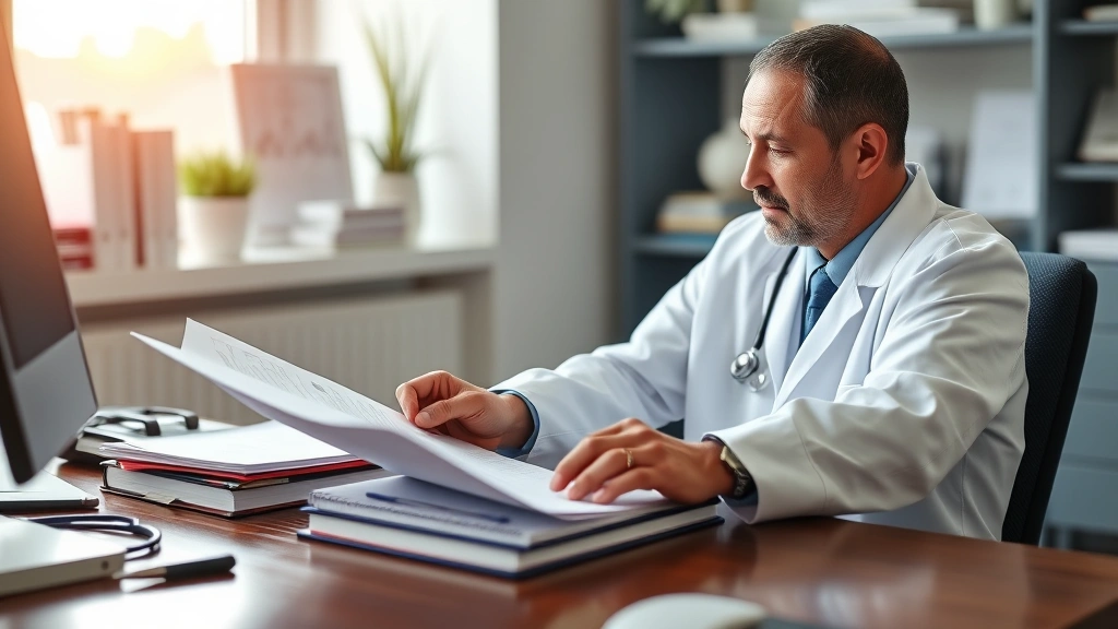 Doctor in white coat reviewing medical documents at desk with patient file, healthcare office setting, professional medical a