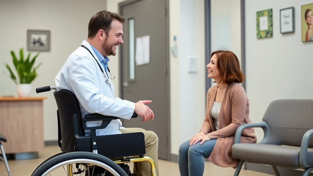 Person with mobility device receiving friendly consultation with healthcare provider in clinic, warm supportive medical inter