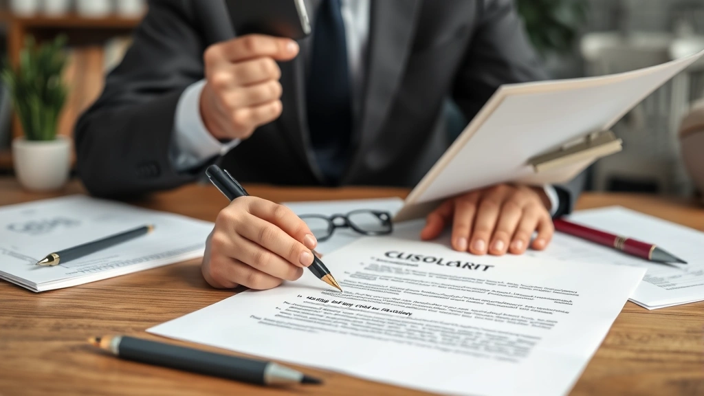 Landlord reviewing official letter on desk with checklist and housing documents, professional property management office, org