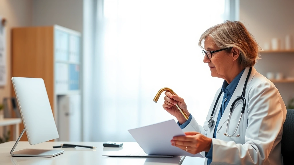 A middle-aged woman with a cane speaking with her doctor in a bright medical office, both looking at a document on the desk,