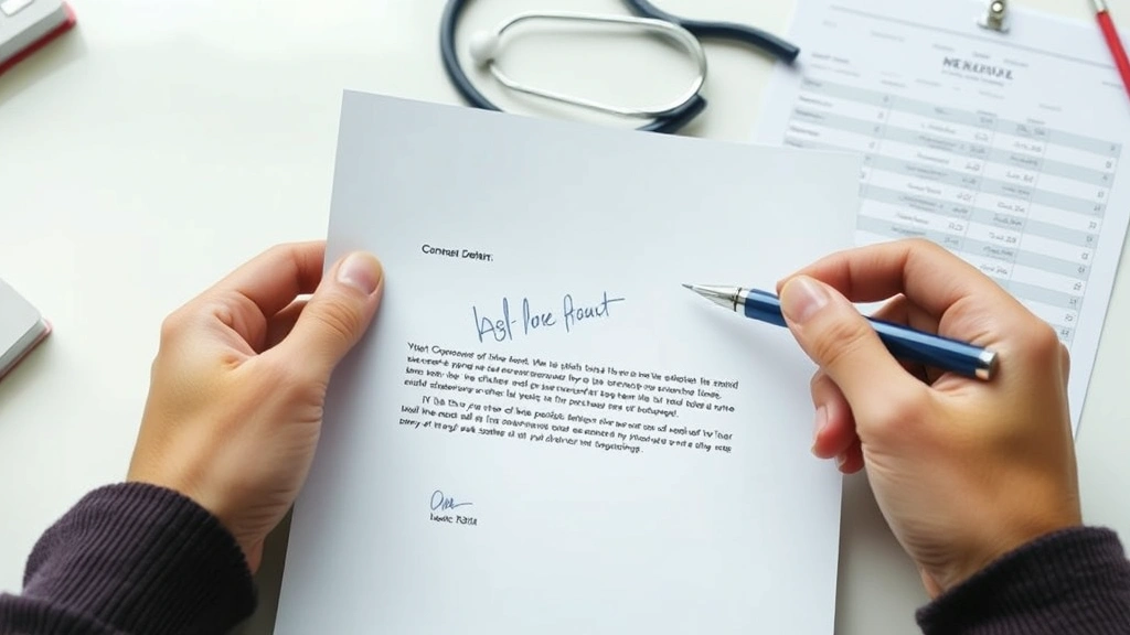 Hands holding a signed letter on medical letterhead with a stethoscope nearby, close-up shot, natural daylight, clean desk ba