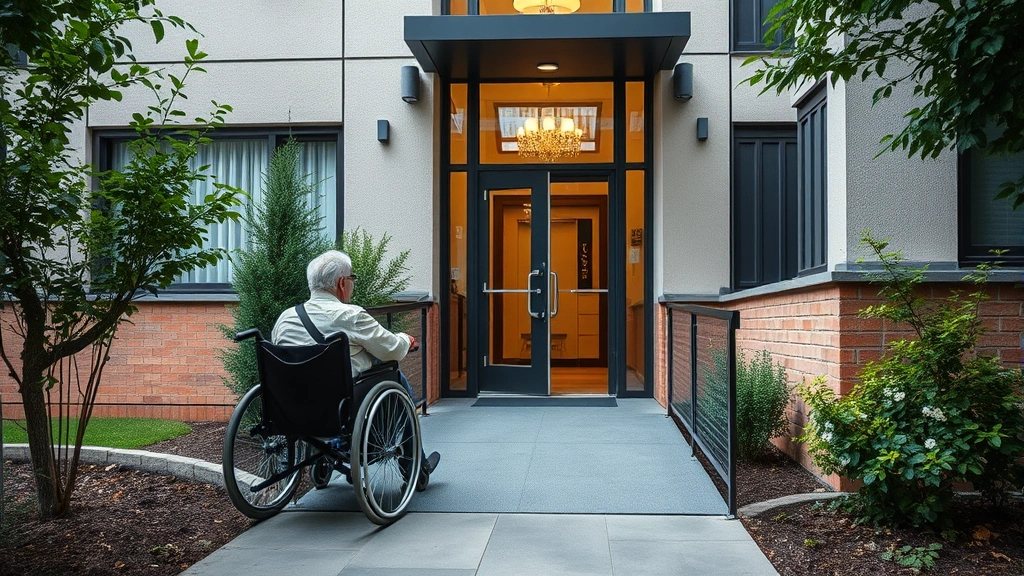 A person in a wheelchair accessing an apartment building entrance with an accessible ramp, modern building exterior, natural